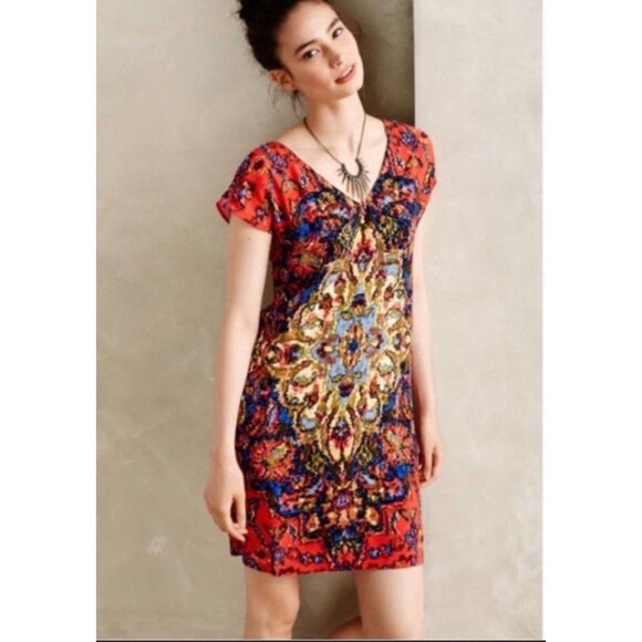 Anthropologie Maeve Women’s Red Medallion Mini Shift Dress Size M Casual Boho - Picture 1 of 8
